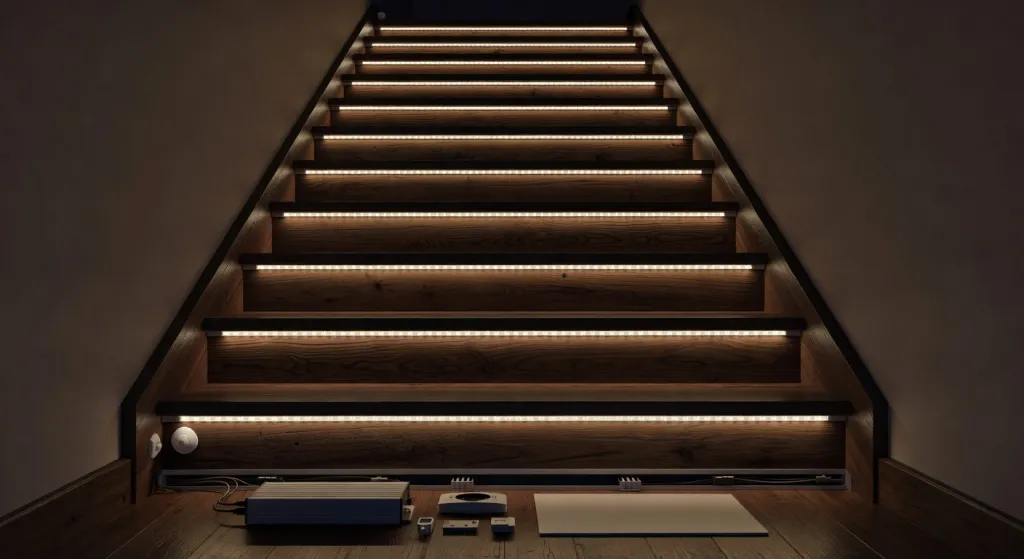 Светодиодные профили и ленты LED: монтаж ступеней с сенсорными выключателями и защитными планками